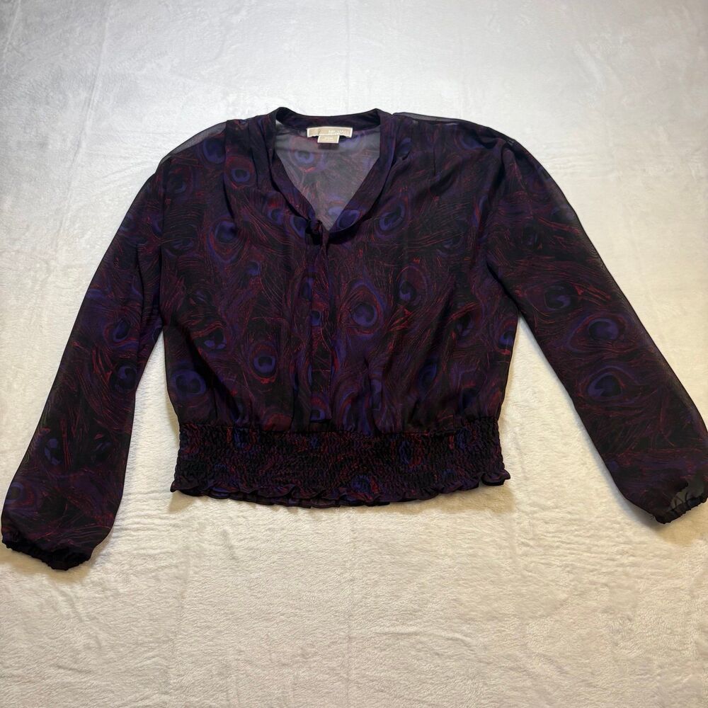 Michael Michael Kors Peacock Print Blouse Womens PM Sheer Smocked Waist Boho Top